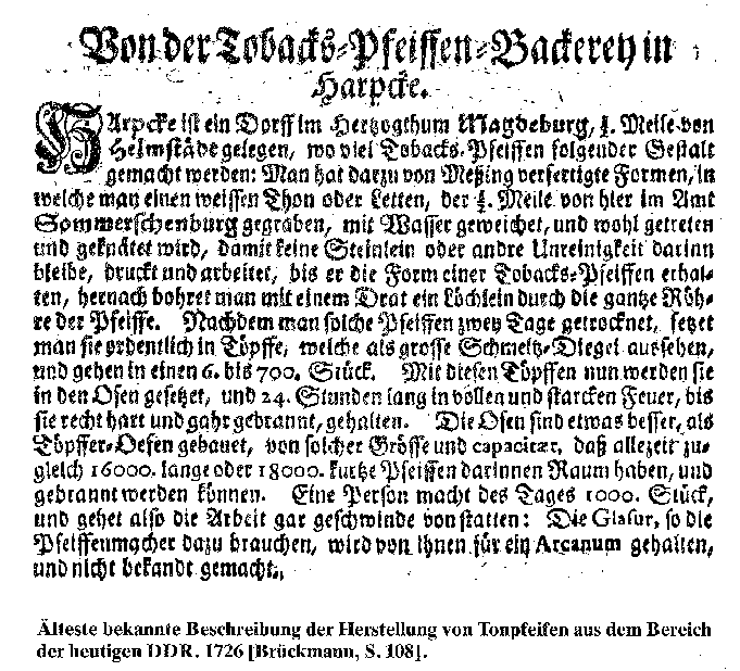 lteste bekannte deutsche Beschreibung der Herstellung von Tonpfeifen in Harbke in Sachsen-Anhalt, 1726