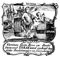 Tabaksverpakking, etiket van de Firma De Vries, vertegenwoordigd door de Gebr. Bestelmeyer in Nrnberg, gedateerd 1841, uit Elias Erasmus (Paul Otto/Hans H. Bockwitz): Alte Tabakzeichen. Berlin 1924, pl. 35, No. 2)